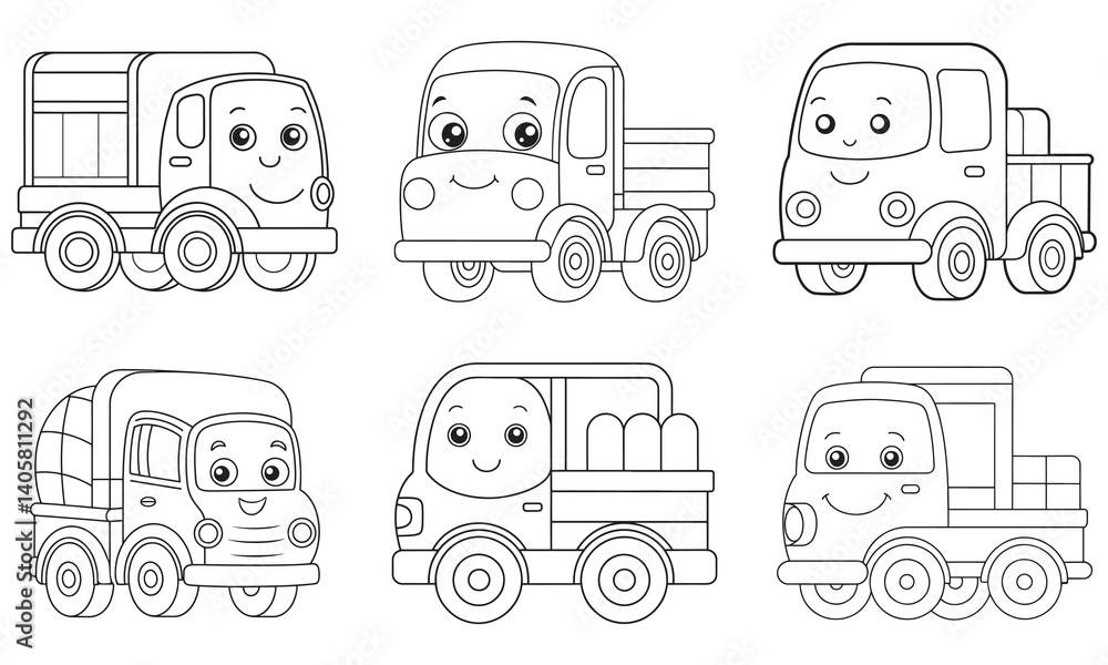 Set of Cute Cartoon Trucks Coloring Page Illustration