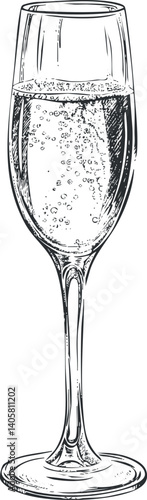 A detailed illustration of a champagne glass filled with sparkling bubbles.