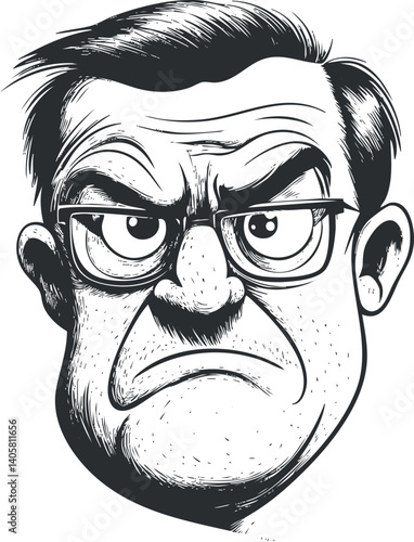 A cartoon illustration of an angry man with glasses and a bald head, expressing frustration.