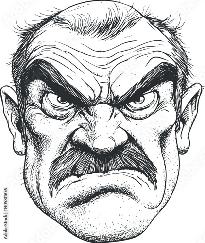 A detailed sketch of an angry man with a mustache and intense facial expression.