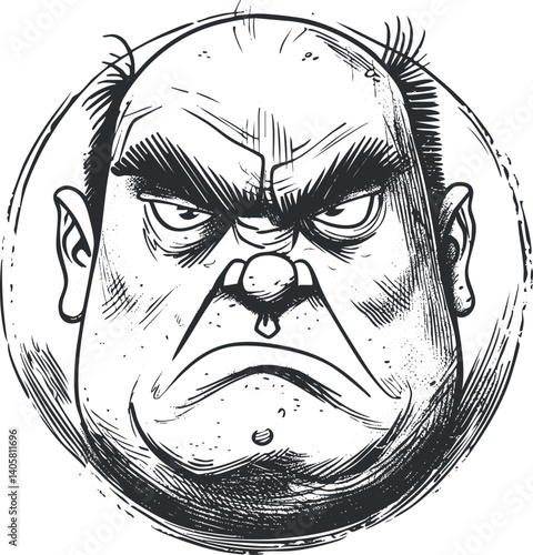 A humorous cartoon illustration of an angry character with a grumpy expression and exaggerated features.