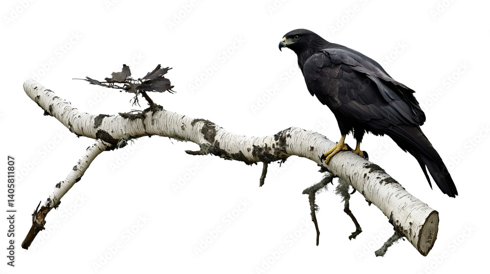 Obraz premium PNG of A majestic black hawk perched on a birch branch, showcasing its striking plumage and keen gaze.