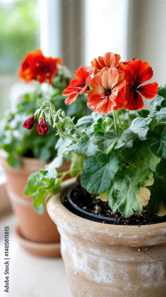 Vibrant red geraniums in terracotta pots on sunlit windowsill Vibrant red geraniums in terracotta pots on sunlit windowsill