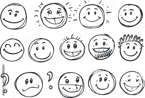 A collection of hand-drawn smiley faces showcasing various emotions and expressions in a playful style.