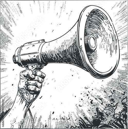 A hand holding a megaphone, symbolizing communication and the power of voice in public speaking.
