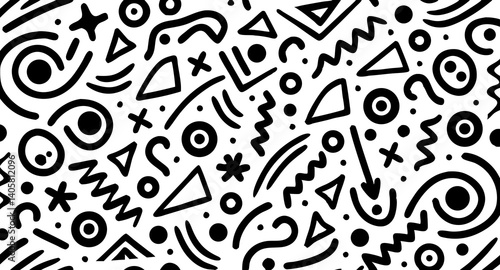 Abstract Geometric Pattern: A dynamic monochrome design featuring an array of stylized shapes and lines creates a visually engaging, modern pattern perfect for digital or print media.