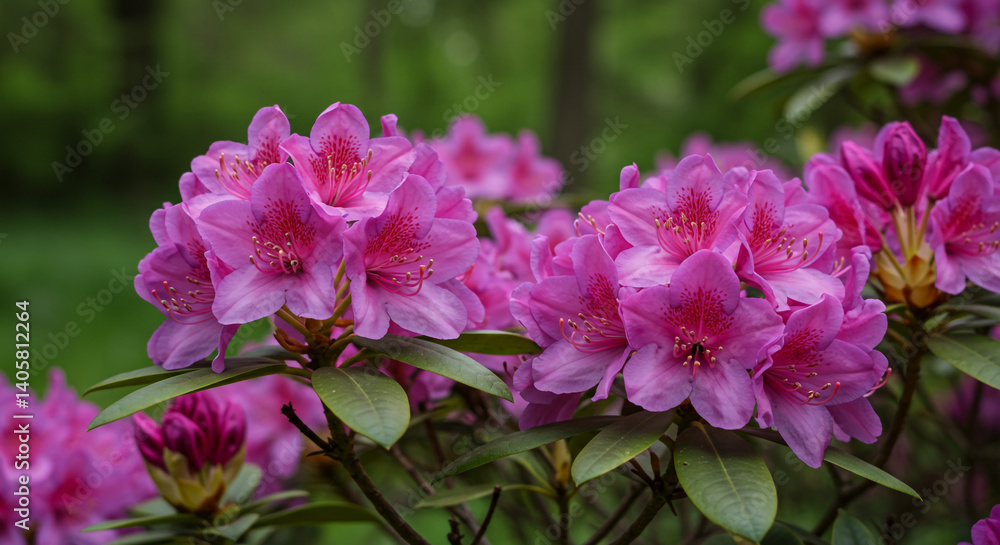 A breathtaking cluster of vibrant pink rhododendrons in full bloom, showcasing their delicate petals and rich color against a soft-focus green background. A breathtaking cluster of vibrant pink rhododendrons in full bloom, showcasing their delicate petals and rich color against a soft-focus green background.