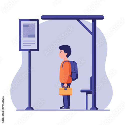 Young boy waiting at a bus stop under a minimalist shelter in flat vector art style, holding a briefcase with a backpack on his shoulders