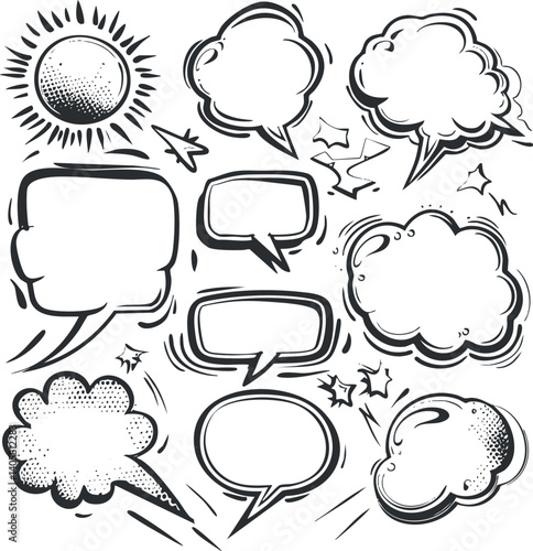 A collection of hand-drawn speech bubbles and clouds ideal for comic or graphic design use.