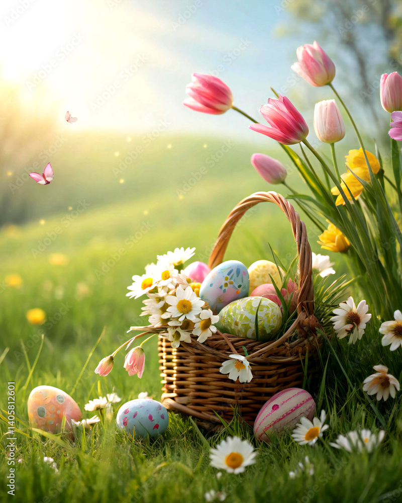 Fototapeta premium easter basket colorful pastel eggs spring flower