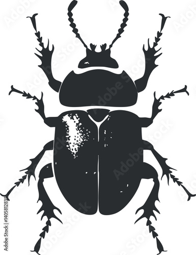 A detailed illustration of a black beetle showcasing its anatomical features and unique design.