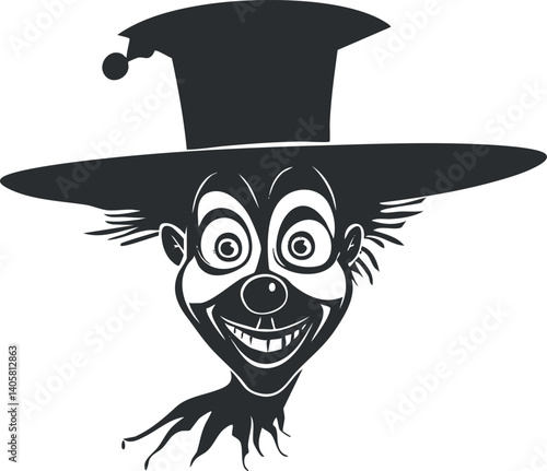 A cartoon scarecrow character with a big smile and a tall black hat perfect for Halloween.
