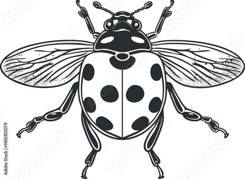 Detailed black and white illustration of a bee featuring polka dots and intricate wing structure.