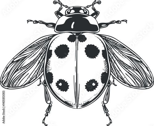 Illustration of a detailed beetle with distinctive spots and wings in black and white.