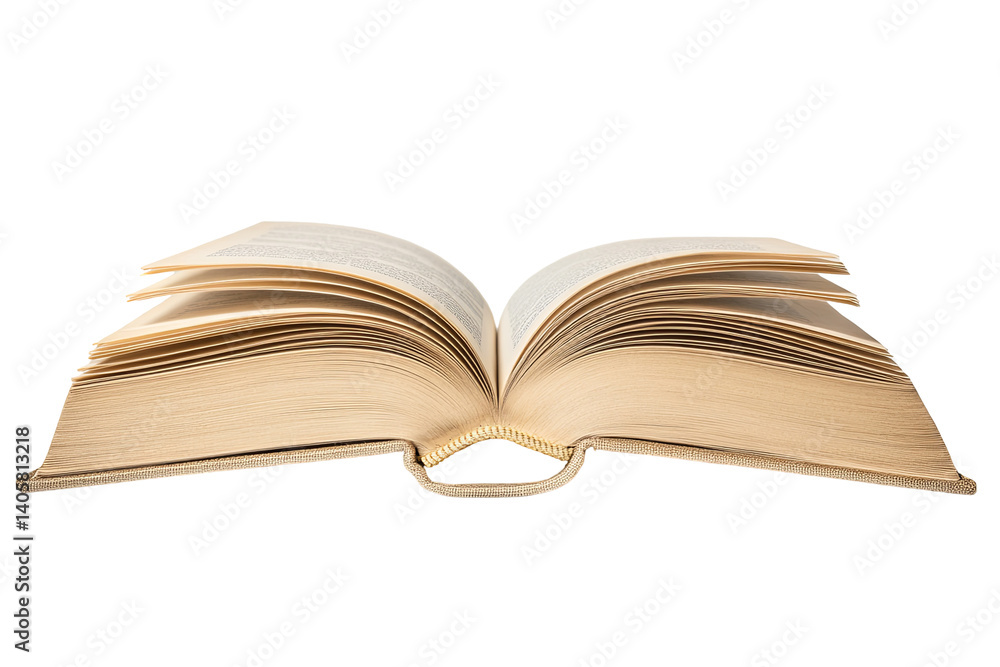 Open book with turning pages, old and well-loved. Centered and isolated against a transparent background Open book with turning pages, old and well-loved. Centered and isolated against a transparent background