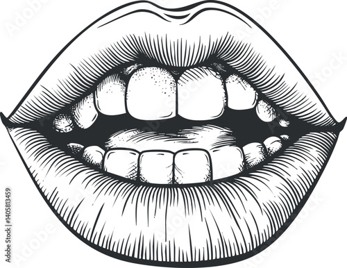 A detailed black and white illustration of a smiling mouth showing teeth.