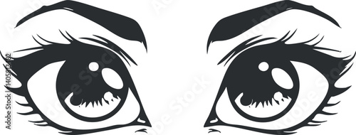 Stylized illustration of two expressive eyes with detailed lashes and pupils in black and white.
