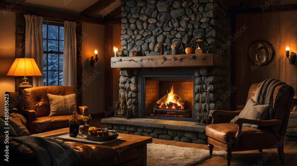 fireplace with burning candles, ai generated