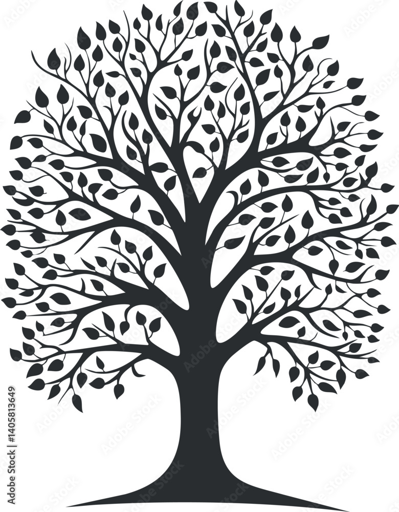 A stylized silhouette of a tree with intricate leaves and branches representing nature and growth. A stylized silhouette of a tree with intricate leaves and branches representing nature and growth.