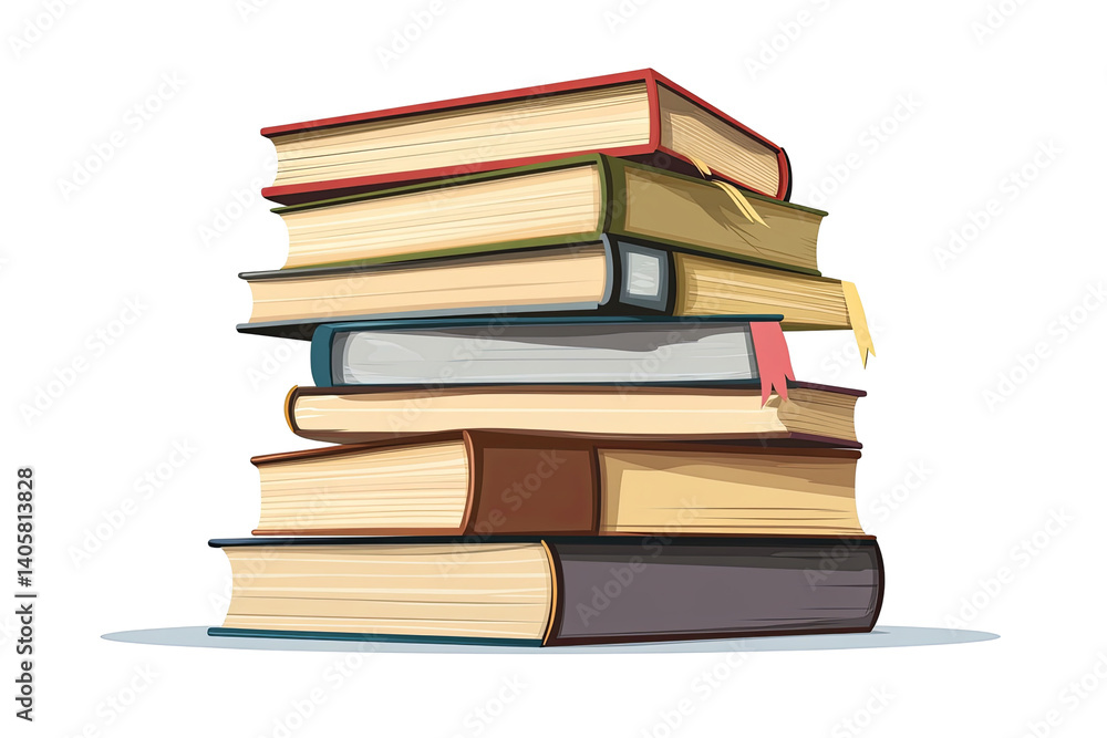 Stacked books with red, green, blue, and brown covers, creating an educational, academic scene Stacked books with red, green, blue, and brown covers, creating an educational, academic scene