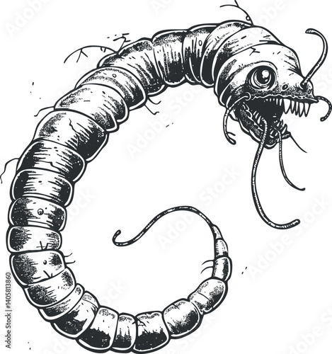 A whimsical illustration of a mythical worm-like creature with exaggerated features and playful design.