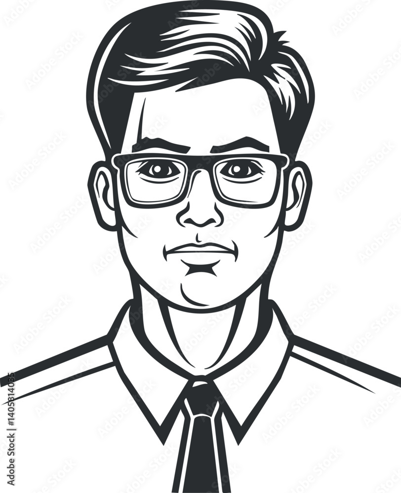 Stylized black and white illustration of a confident businessman wearing glasses and a tie Stylized black and white illustration of a confident businessman wearing glasses and a tie