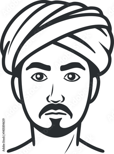 Illustration of a man wearing a turban with a focused expression in a minimalist style.
