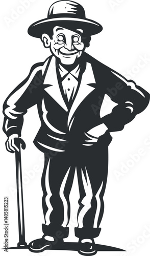 A cheerful elderly man in a suit and hat, posing with a walking stick in a cartoon style.