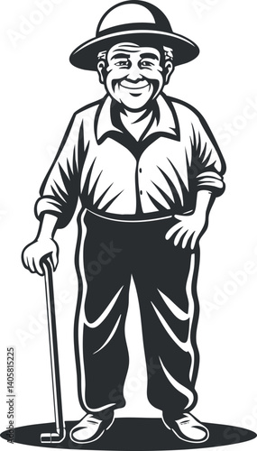 A cheerful elderly man with a walking stick and a hat, depicted in a cartoon style.