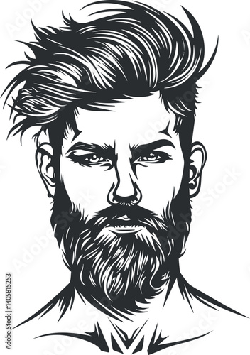 Stylized illustration of a handsome man with a beard and trendy hairstyle in black and white.