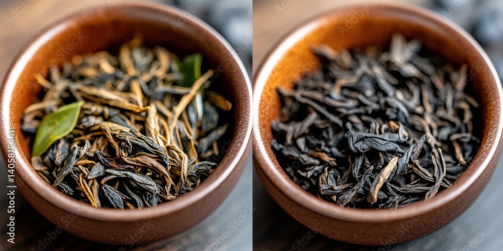 Fototapeta premium Assorted loose leaf black and green teas in wooden bowls for a relaxing tea ceremony experience