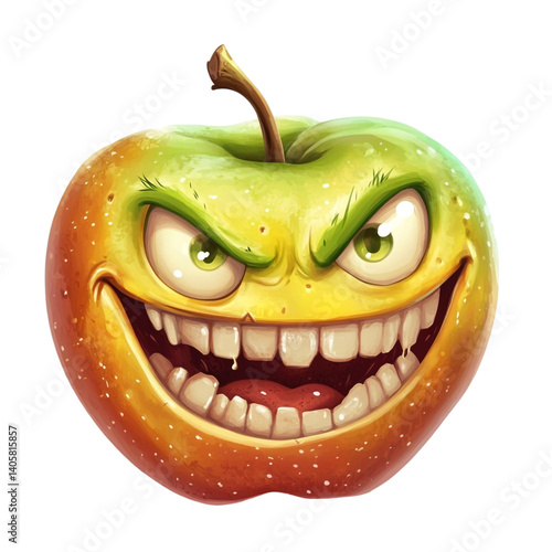 Evil grinning apple with sharp teeth mischievous fruit