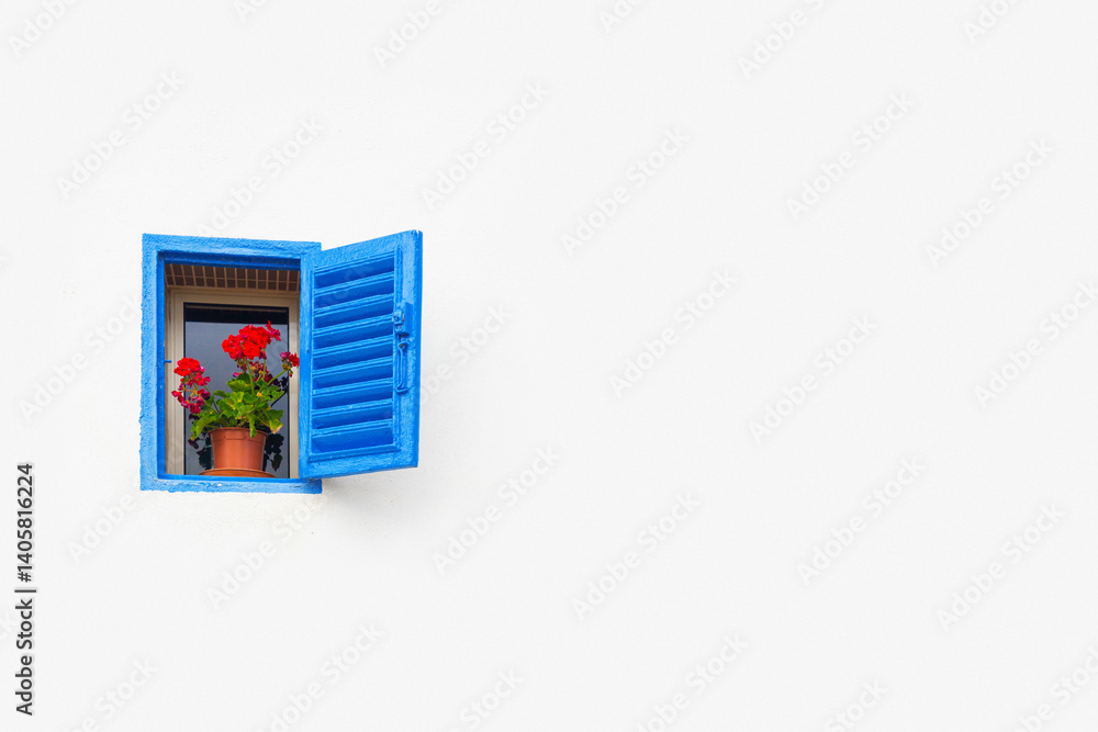 A plain white wall with opened blue window with a potted plant
