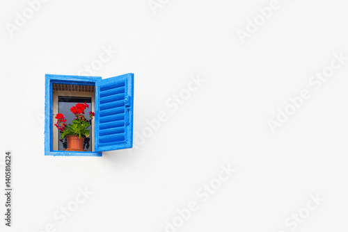 Obraz na płótnie A plain white wall with opened blue window with a potted plant w salonie