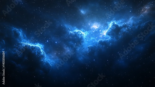 Star-Filled Galaxy with Bright Blue Nebulae, A stunning view of a star-filled galaxy with bright blue nebulae and countless stars scattered