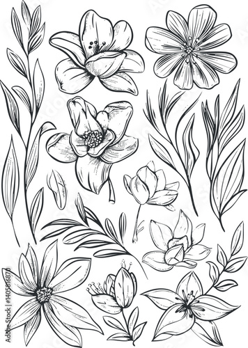 Wallpaper Mural A collection of hand-drawn floral illustrations featuring various flowers and leaves in a decorative style. Torontodigital.ca