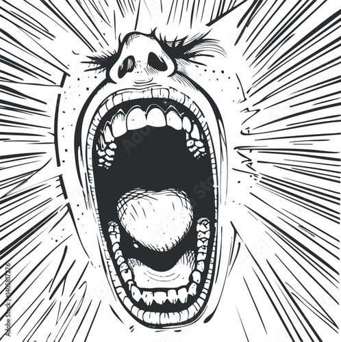 A dynamic black and white illustration of a person screaming with explosive lines conveying emotion.