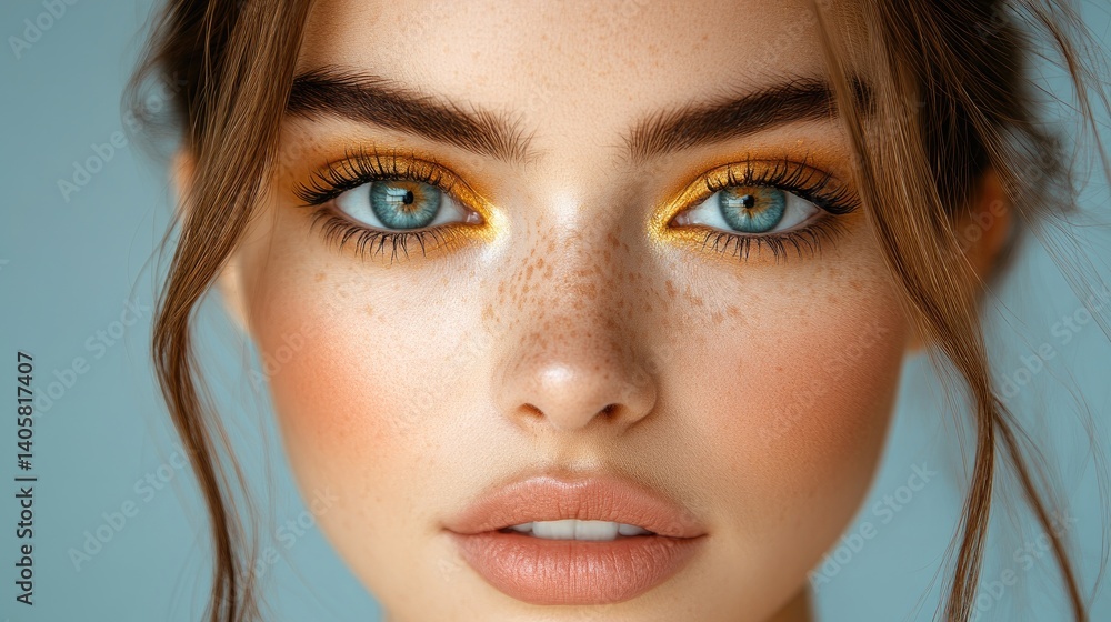Face of a woman with bright eyeshadow and blue eyes, freckles and orange blush on cheeks Face of a woman with bright eyeshadow and blue eyes, freckles and orange blush on cheeks