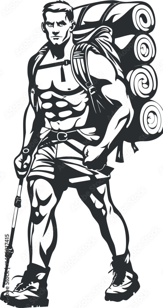 Fototapeta premium A strong hiker with a backpack poses confidently in a scenic outdoor setting.