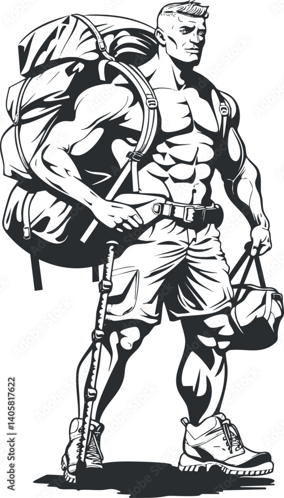 Fototapeta premium A muscular man carrying a large backpack, ready for an adventurous outdoor hike.