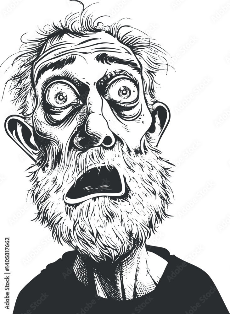 Fototapeta premium A surprised elderly man with a beard and shocked expression illustrated in a cartoon style.