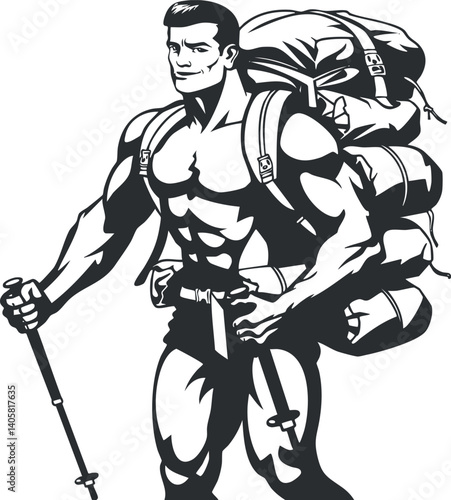 A strong male hiker with a backpack and trekking poles ready for adventure in nature.