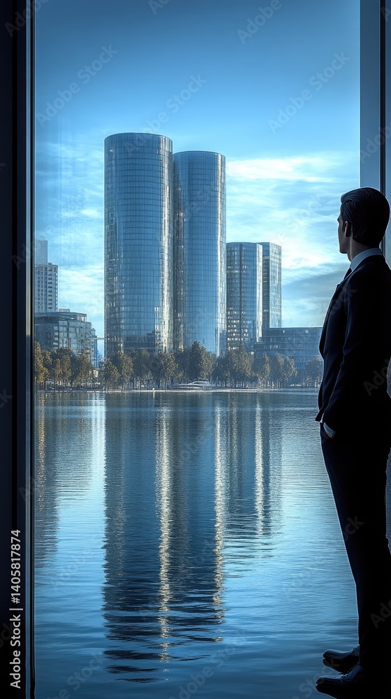 Person looking out window with reflective city view. Light, airy, modern Person looking out window with reflective city view. Light, airy, modern