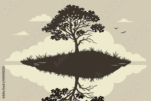 10 Surreal reflection, tiny planet, floating island, single tree sapling, mirror image, water surface, cloudy sky, symmetry, minimalist landscape, green foliage sphere, nature concept, environmental m