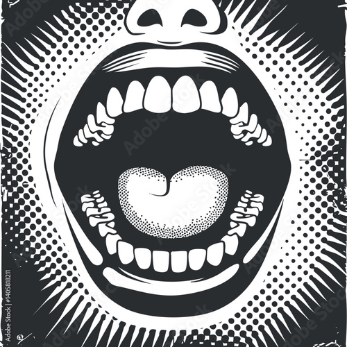 An expressive black and white illustration of an open mouth in a bold graphic style.