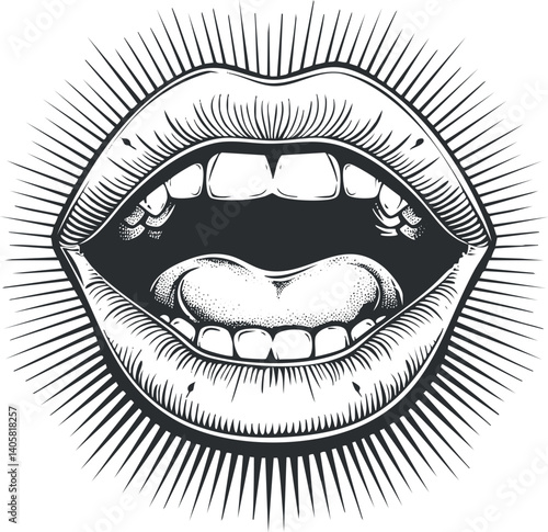 A bold and artistic illustration of an open mouth with striking details and expression.