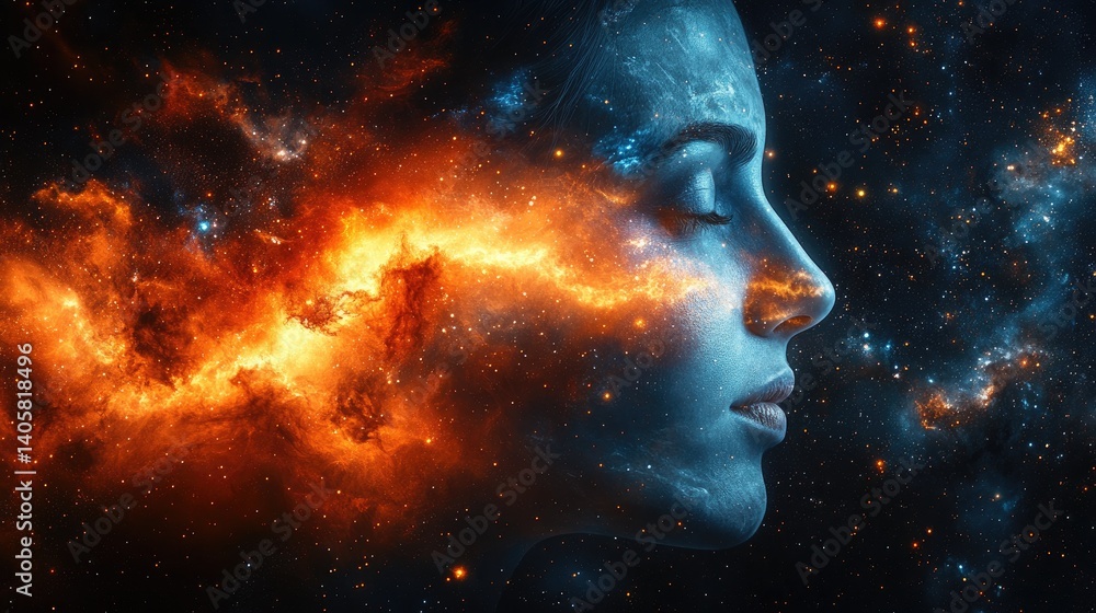 Woman's face merges with nebula, creating cosmic, ethereal beauty in a blend of orange & blue hues Woman's face merges with nebula, creating cosmic, ethereal beauty in a blend of orange & blue hues
