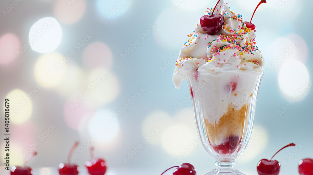 Classic ice cream sundae with whipped cream, cherries, sprinkles, served in a tall glass Classic ice cream sundae with whipped cream, cherries, sprinkles, served in a tall glass