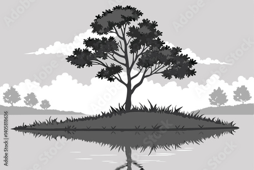 10 Surreal reflection, tiny planet, floating island, single tree sapling, mirror image, water surface, cloudy sky, symmetry, minimalist landscape, green foliage sphere, nature concept, environmental m