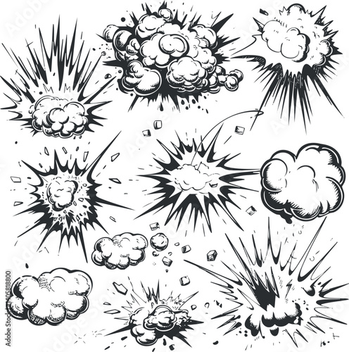A collection of comic-style explosion graphics showcasing dynamic bursts and cloud effects.